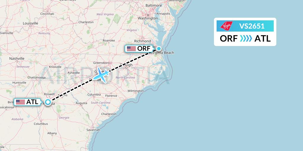 VS2651 Virgin Atlantic Airways Flight Map: Norfolk to Atlanta
