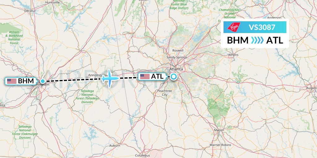 VS3087 Virgin Atlantic Airways Flight Map: Birmingham to Atlanta