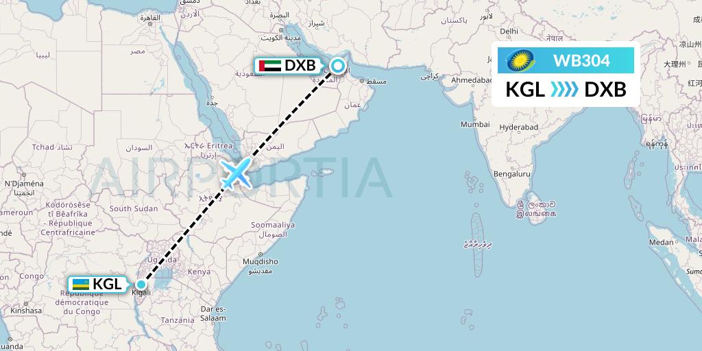 WB304 RwandAir Flight Map: Kigali to Dubai