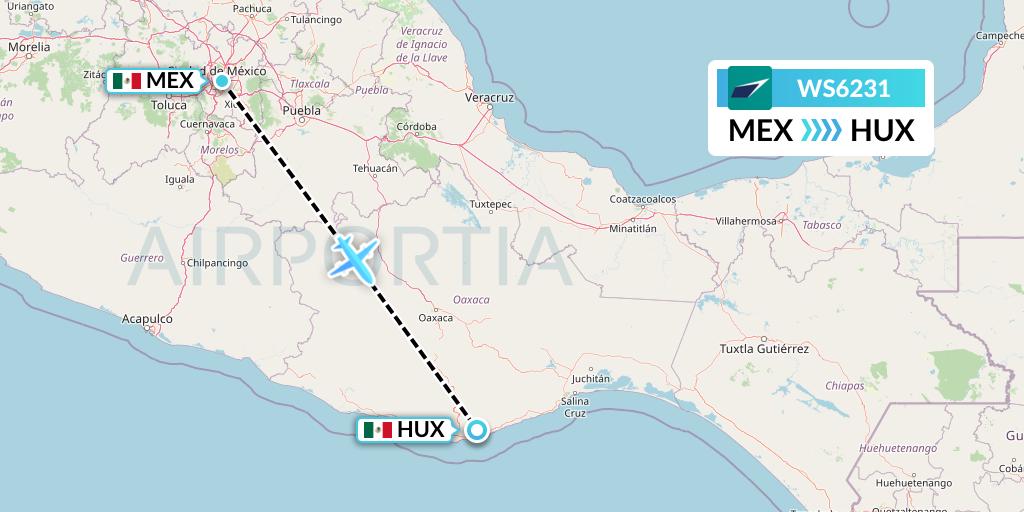 WS6231 WestJet Flight Map: Mexico City to Huatulco
