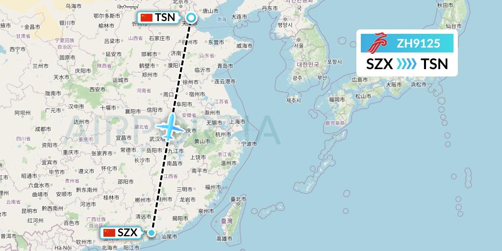 ZH9125 Shenzhen Airlines Flight Map: Shenzhen to Tianjin