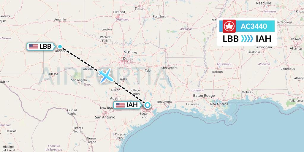 AC3440 Air Canada Flight Map: Lubbock to Houston