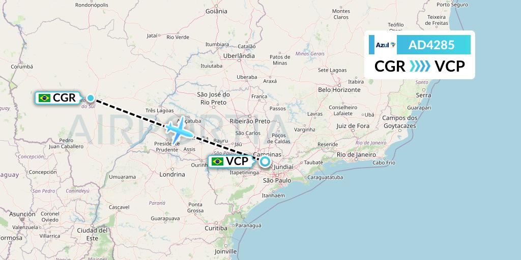 AD4285 Azul Brazilian Airlines Flight Map: Campo Grande to Campinas