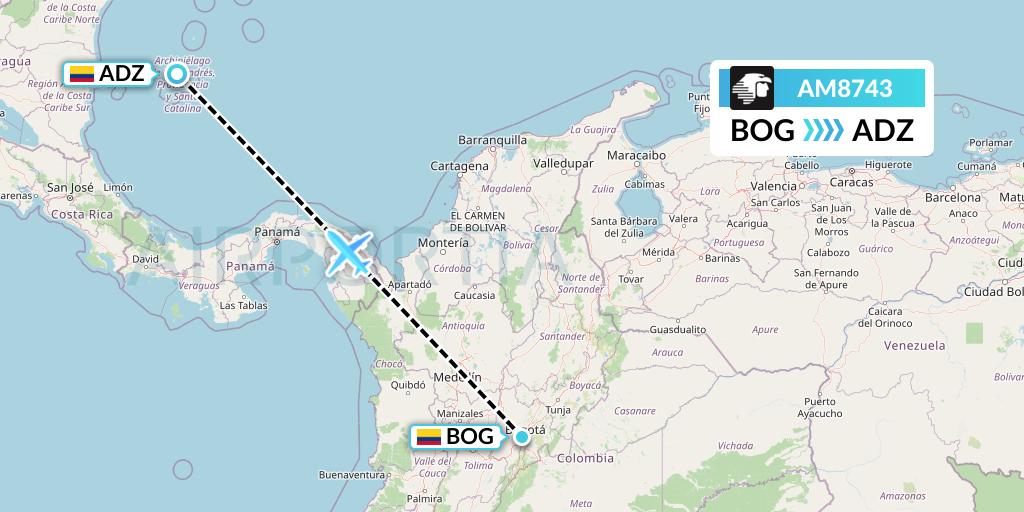 AM8743 Aeromexico Flight Map: Bogota to San Andres Island