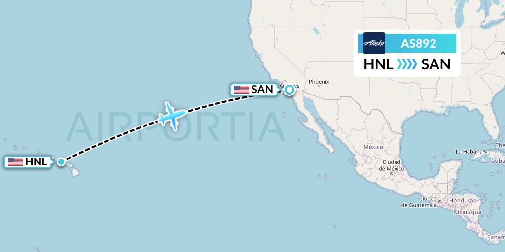 AS892 Alaska Airlines Flight Map: Honolulu to San Diego