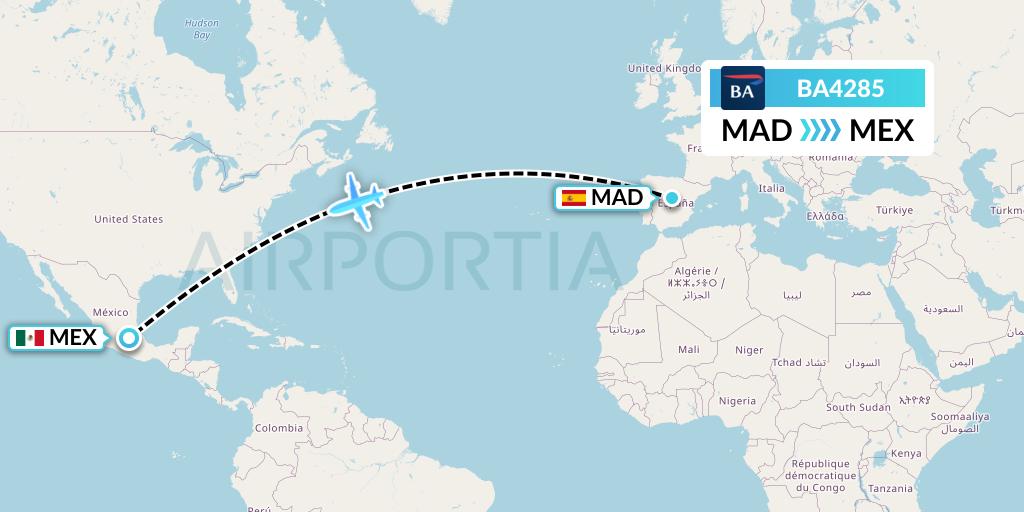 BA4285 British Airways Flight Map: Madrid to Mexico City