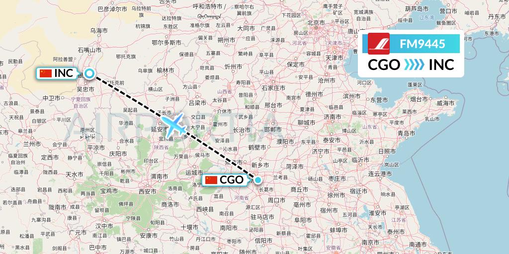 FM9445 Shanghai Airlines Flight Map: Zhengzhou to Yinchuan