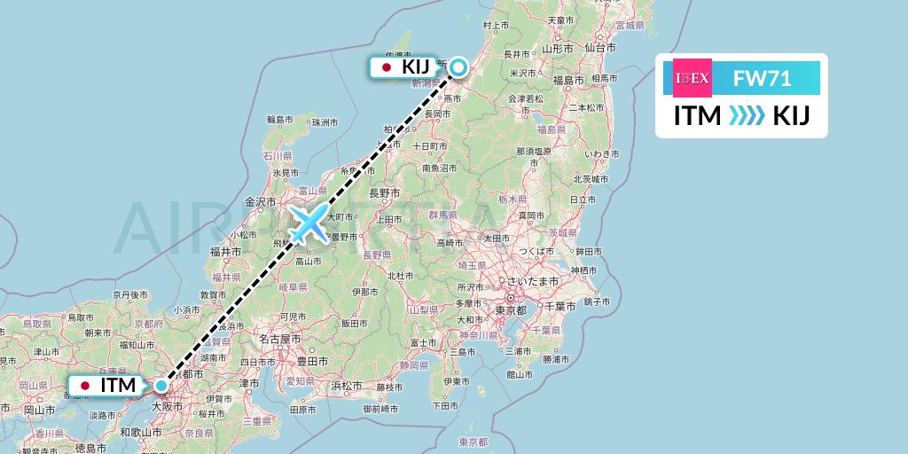 FW71 Ibex Airlines Flight Map: Osaka to Niigata