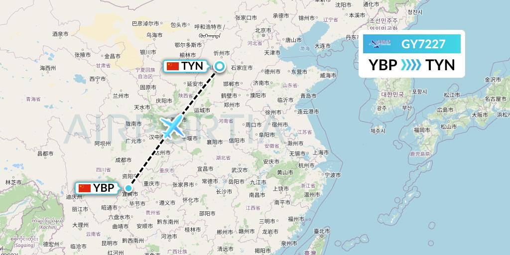 GY7227 Colorful GuiZhou Airlines Flight Map: Yibin to Taiyuan