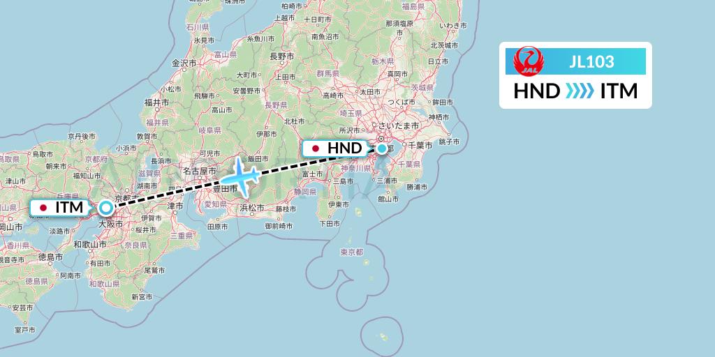 JL103 Japan Airlines Flight Map: Tokyo to Osaka