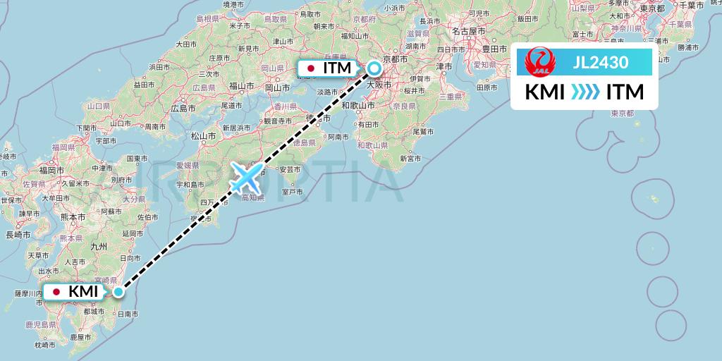 JL2430 Japan Airlines Flight Map: Miyazaki to Osaka
