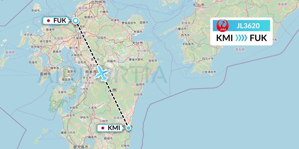JL3620 Japan Airlines Flight Map: Miyazaki to Fukuoka