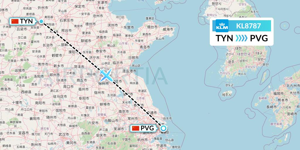 KL8787 KLM Flight Map: Taiyuan to Shanghai