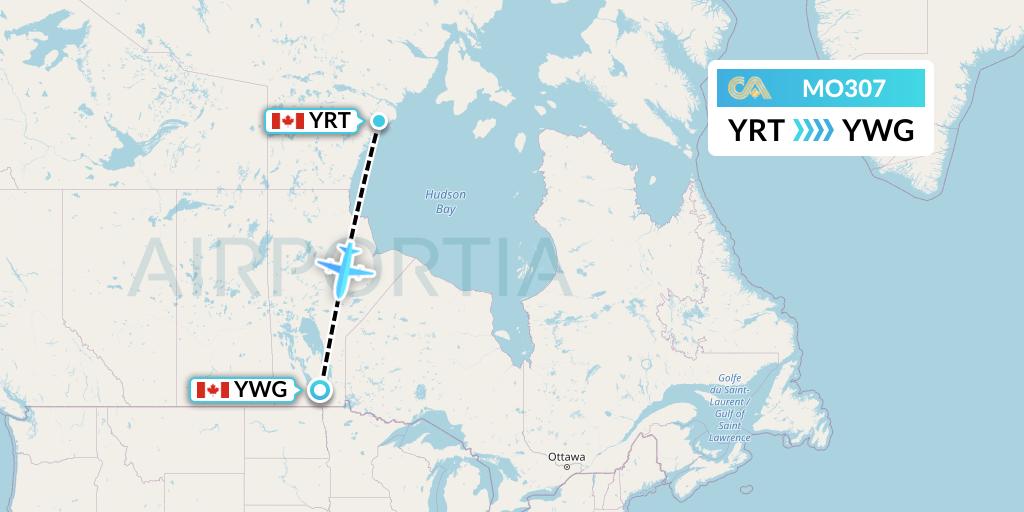 MO307 Calm Air Flight Map: Rankin Inlet to Winnipeg