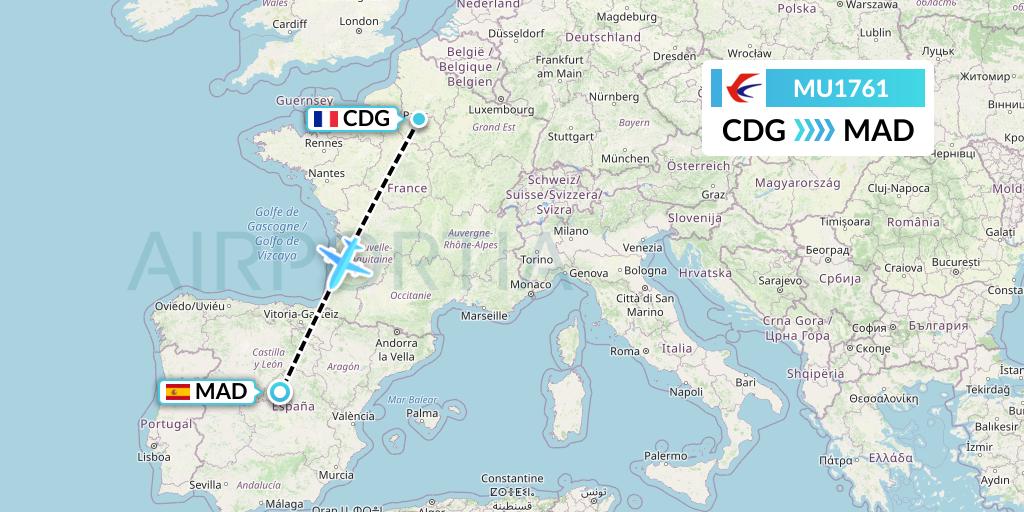 MU1761 China Eastern Airlines Flight Map: Paris to Madrid