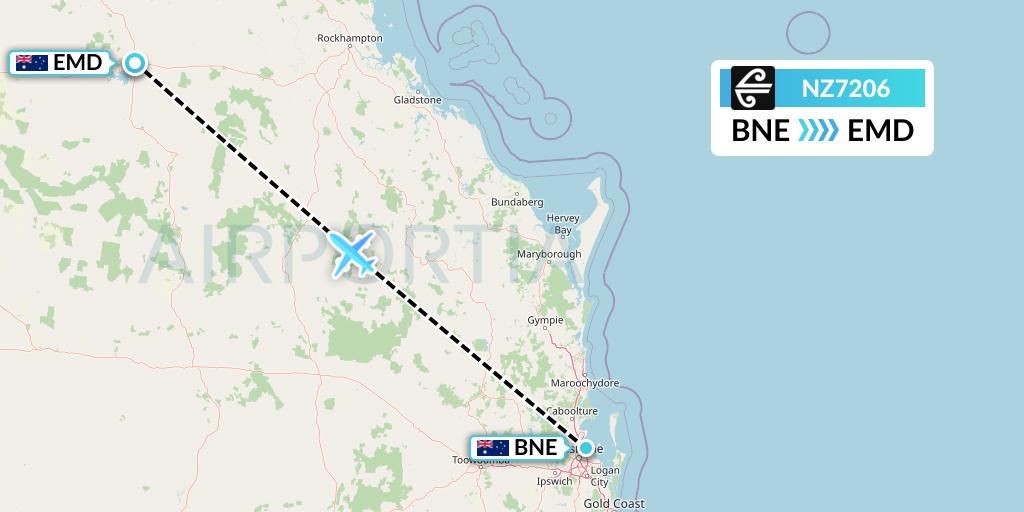 NZ7206 Air New Zealand Flight Map: Brisbane to Emerald