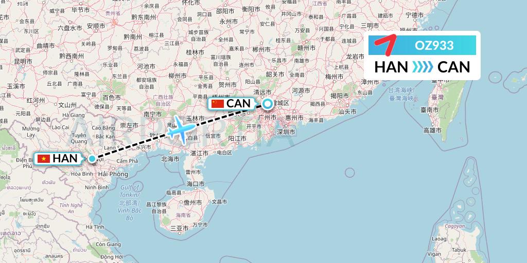 OZ933 Asiana Airlines Flight Map: Hanoi to Guangzhou