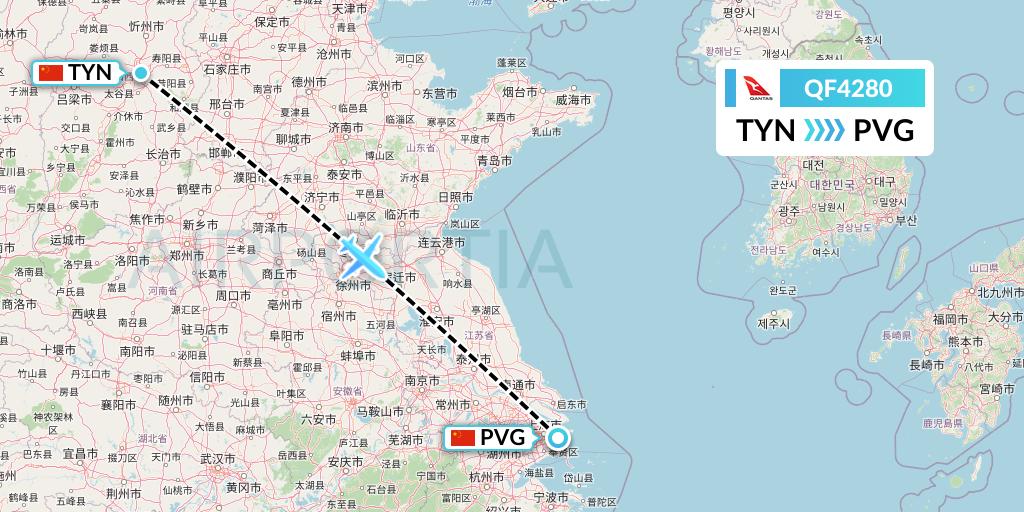 QF4280 Qantas Flight Map: Taiyuan to Shanghai
