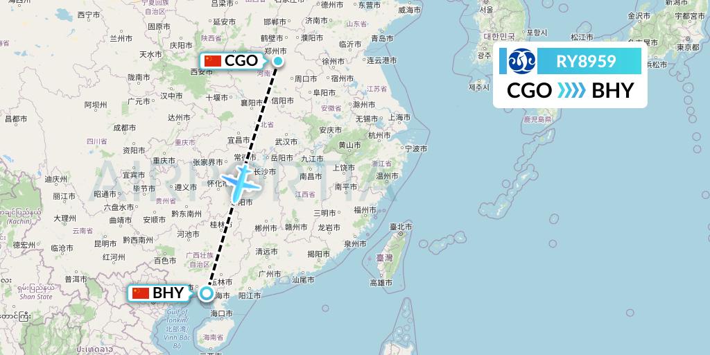 RY8959 Jiangxi Air Flight Map: Zhengzhou to Beihai