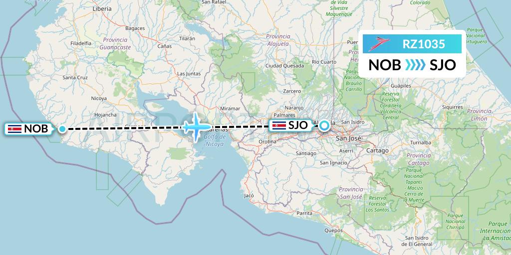 RZ1035 Sansa Airlines Flight Map: Nicoya to San Jose