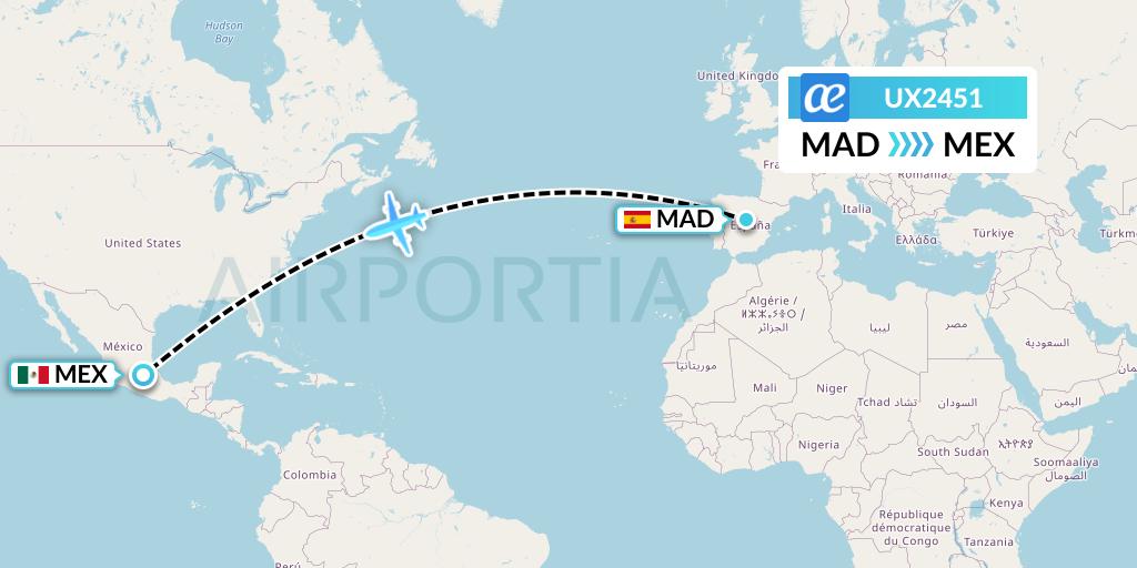 UX2451 Air Europa Flight Map: Madrid to Mexico City
