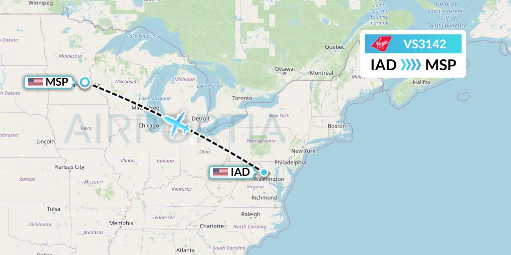 VS3142 Virgin Atlantic Airways Flight Map: Washington to Minneapolis