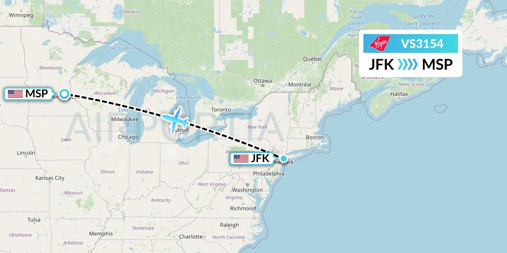 VS3154 Virgin Atlantic Airways Flight Map: New York to Minneapolis