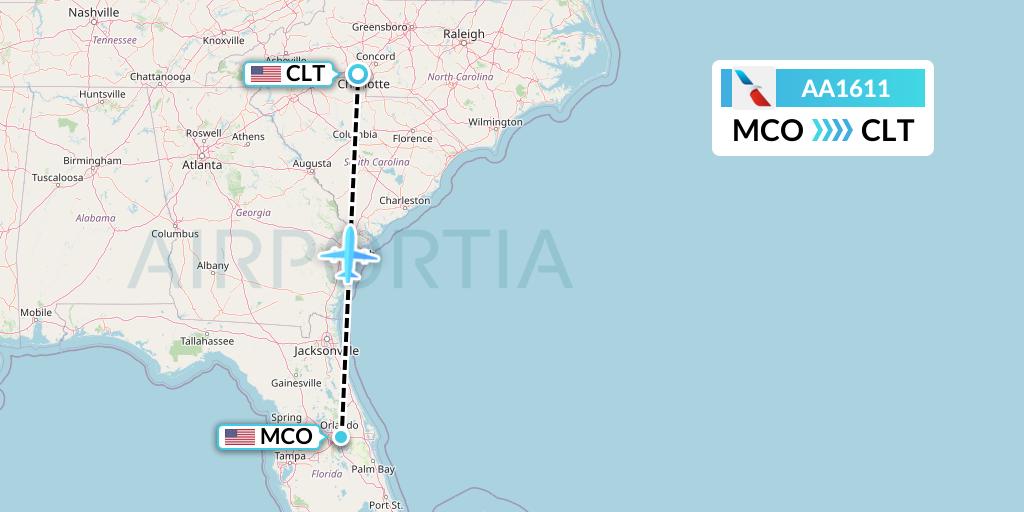 AA1611 American Airlines Flight Map: Orlando to Charlotte