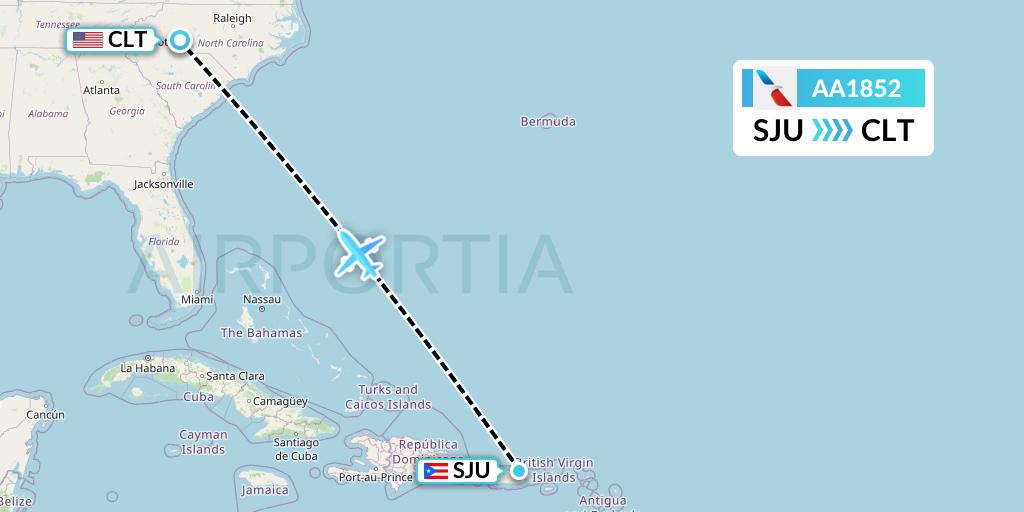 AA1852 American Airlines Flight Map: San Juan to Charlotte