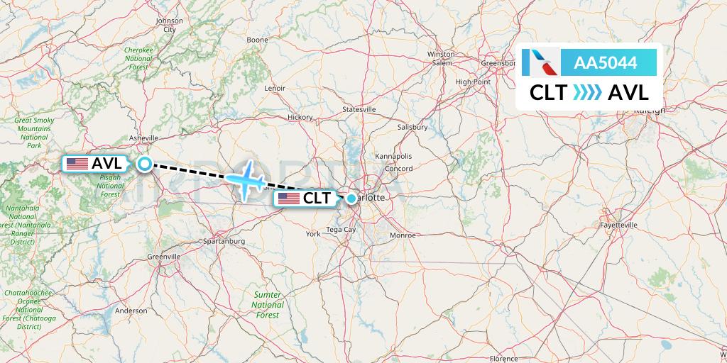 AA5044 American Airlines Flight Map: Charlotte to Asheville