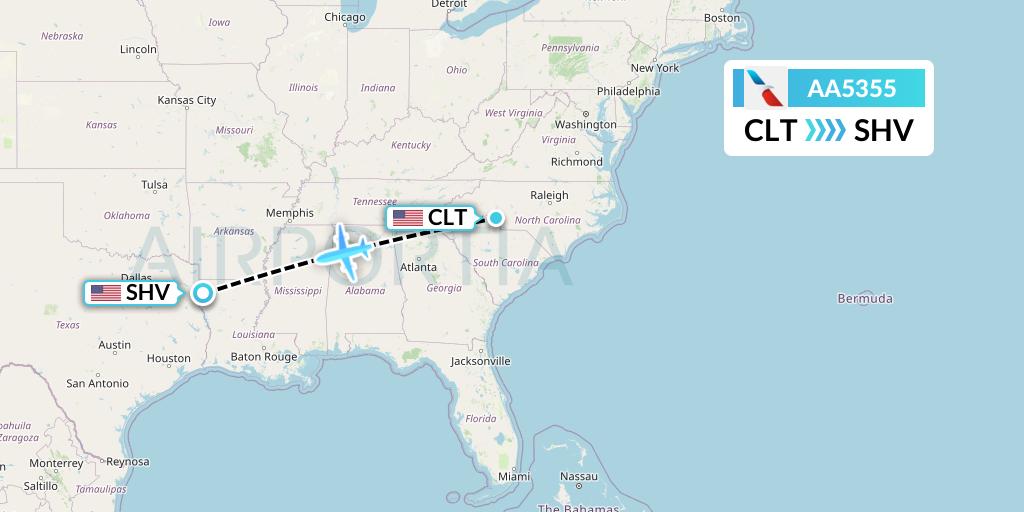 AA5355 American Airlines Flight Map: Charlotte to Shreveport
