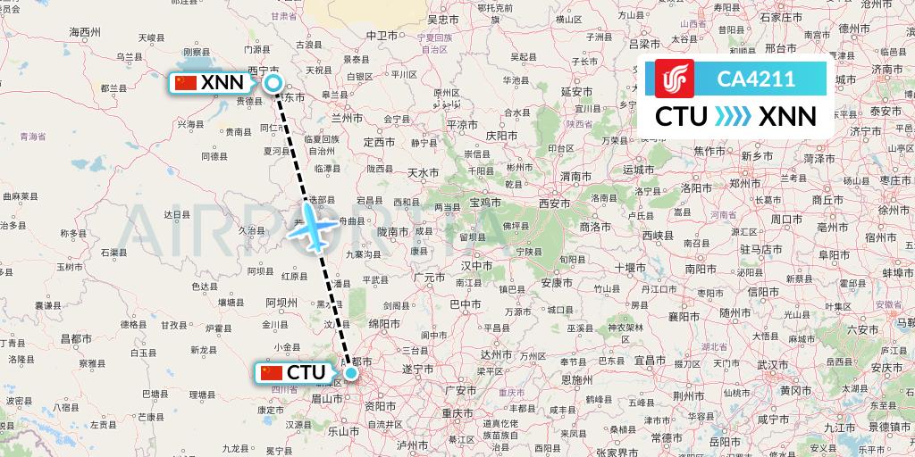 CA4211 Air China Flight Map: Chengdu to Xining