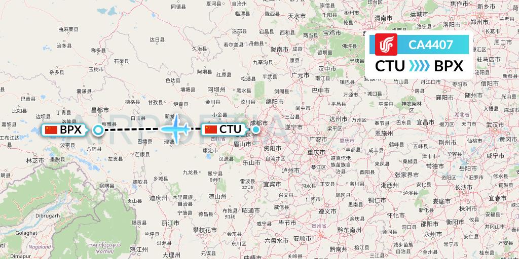 CA4407 Air China Flight Map: Chengdu to Bangda