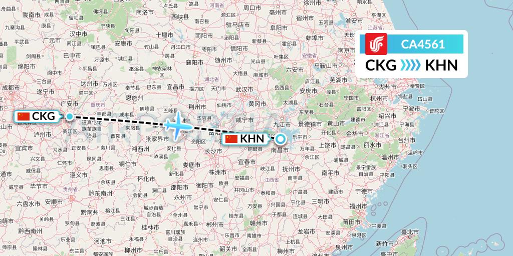 CA4561 Air China Flight Map: Chongqing to Nanchang