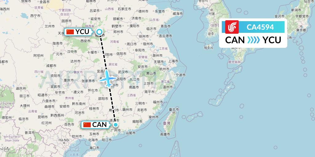 CA4594 Air China Flight Map: Guangzhou to Yuncheng