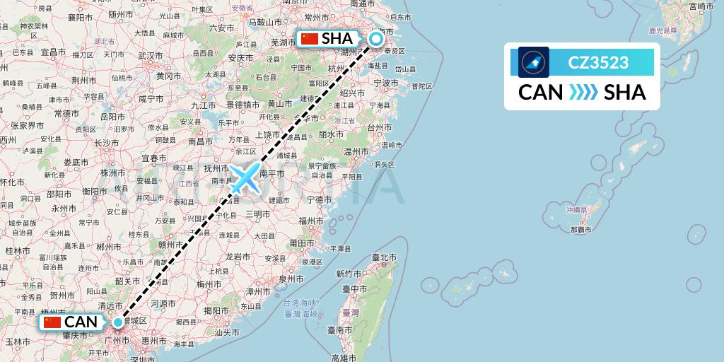 CZ3523 China Southern Airlines Flight Map: Guangzhou to Shanghai