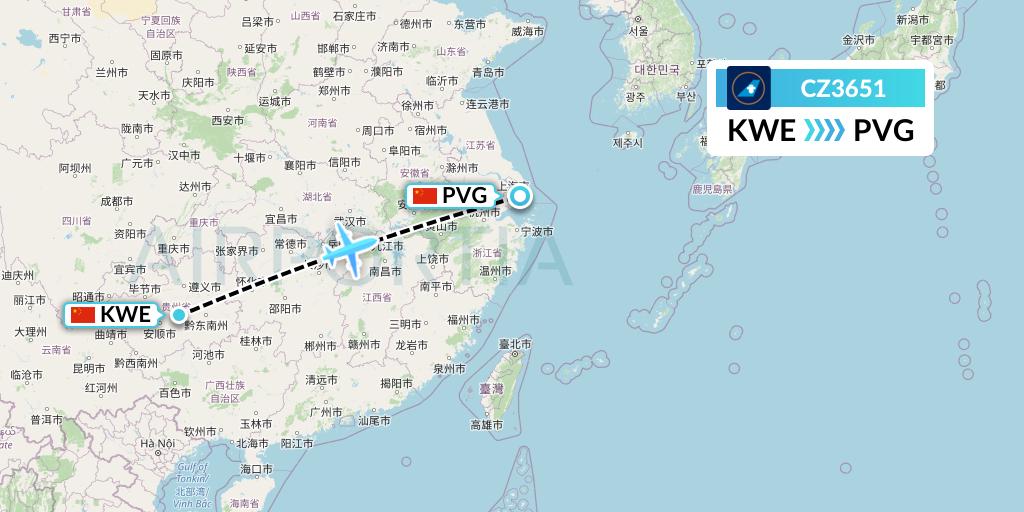 CZ3651 China Southern Airlines Flight Map: Guiyang to Shanghai