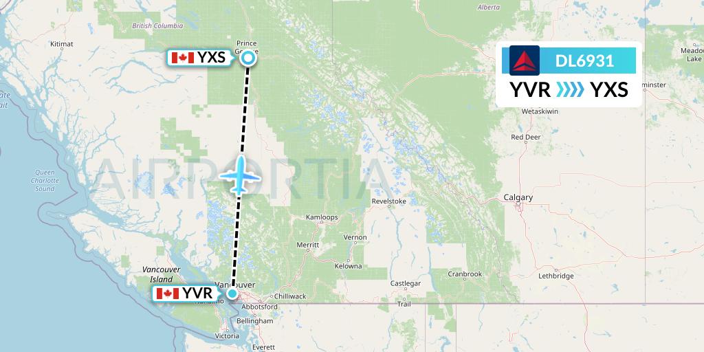 DL6931 Delta Air Lines Flight Map: Vancouver to Prince George
