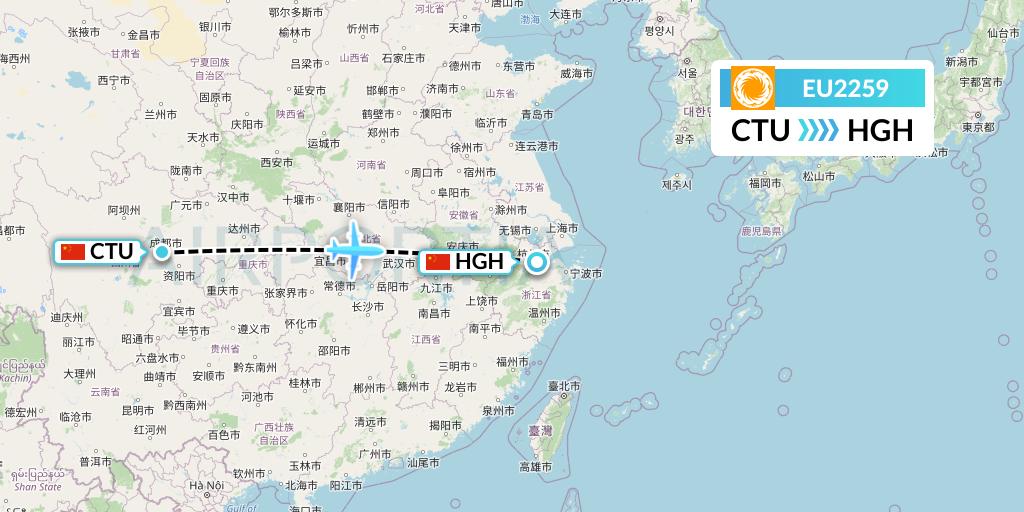 EU2259 Chengdu Airlines Flight Map: Chengdu to Hangzhou