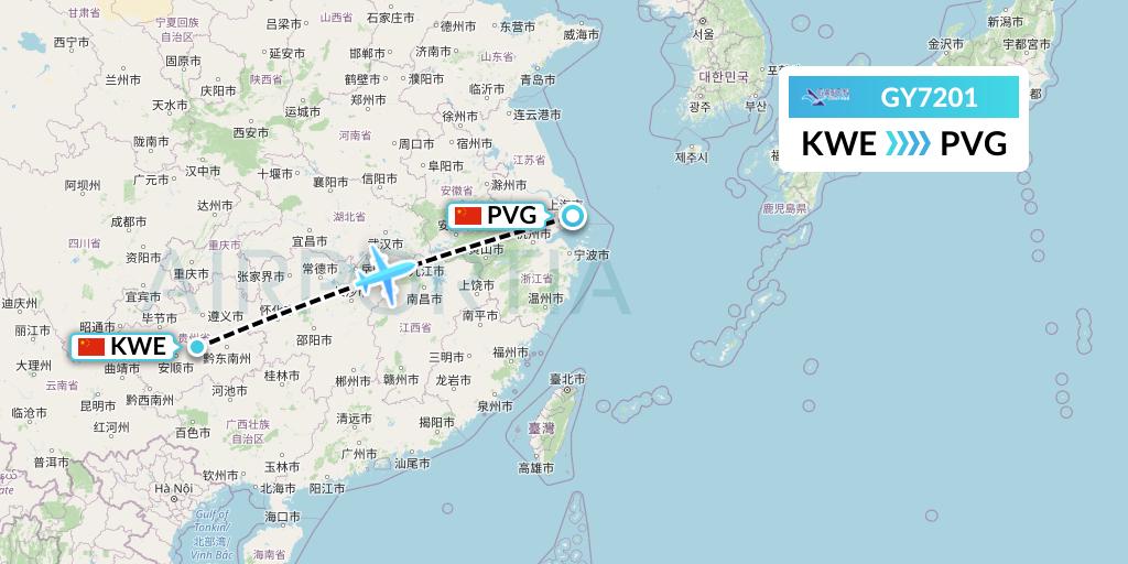 GY7201 Colorful GuiZhou Airlines Flight Map: Guiyang to Shanghai