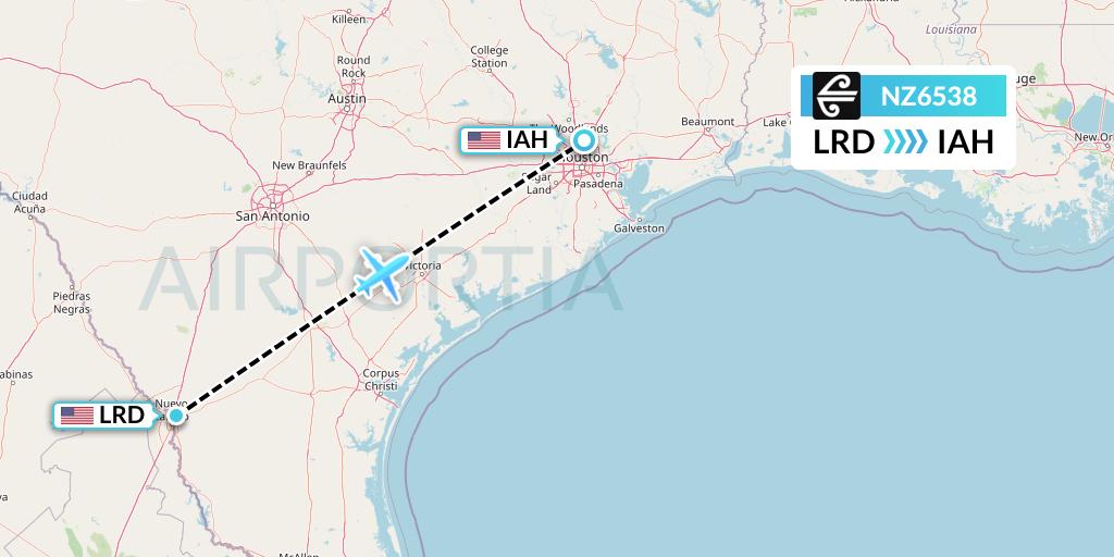 NZ6538 Air New Zealand Flight Map: Laredo to Houston