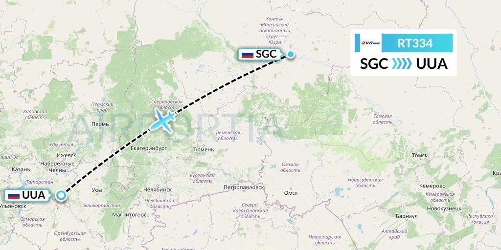RT334 UVT aero Flight Map: Surgut to Bugulma