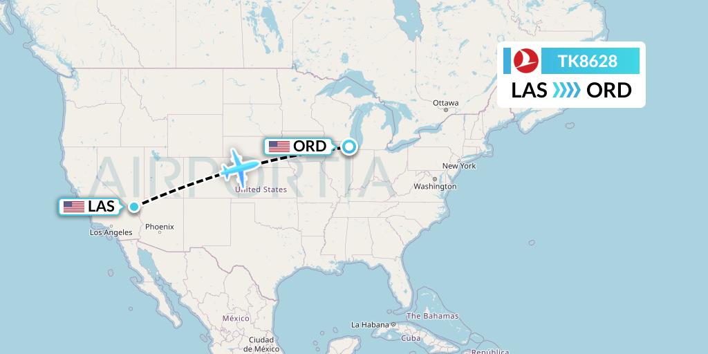 TK8628 Turkish Airlines Flight Map: Las Vegas to Chicago