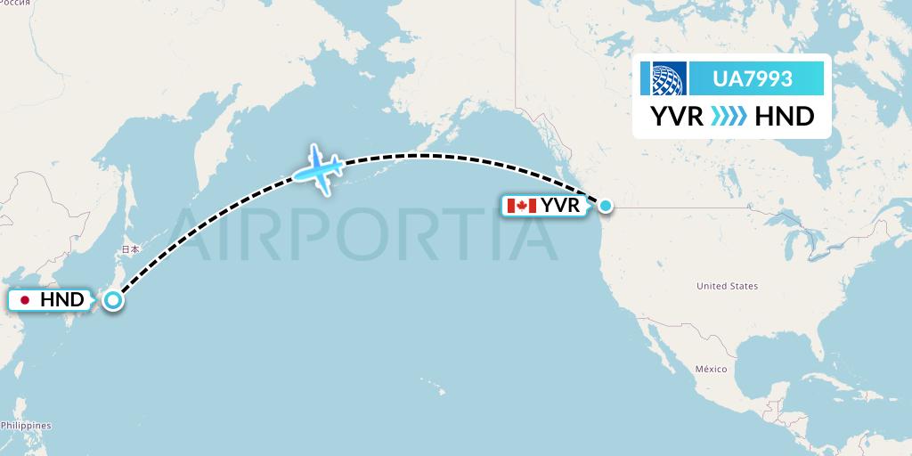 UA7993 United Airlines Flight Map: Vancouver to Tokyo