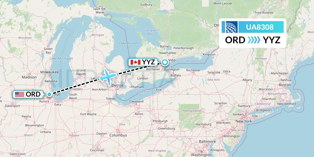 UA8308 United Airlines Flight Map: Chicago to Toronto