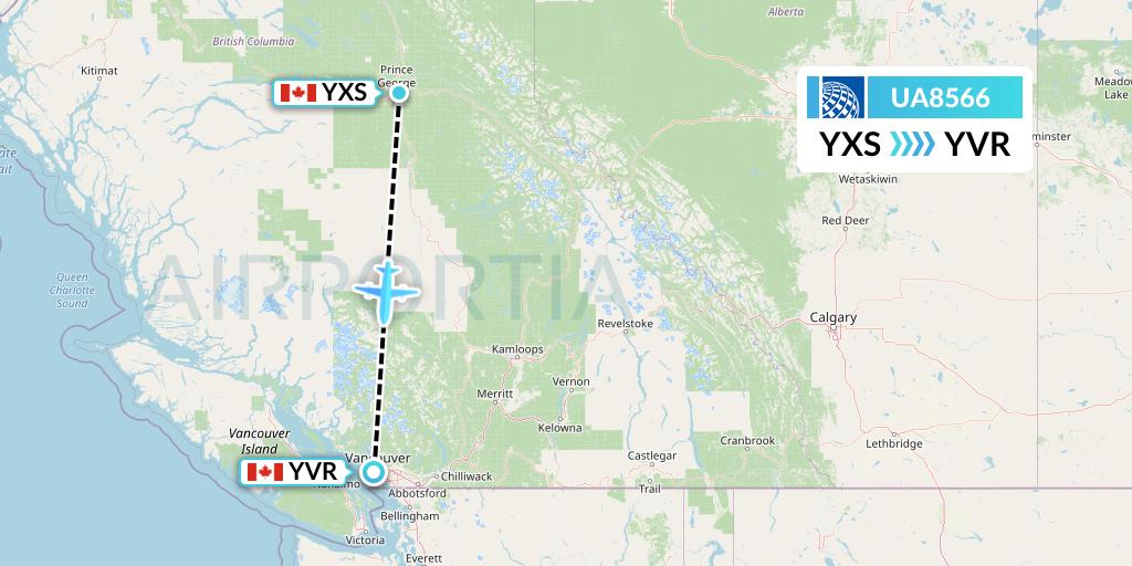 UA8566 United Airlines Flight Map: Prince George to Vancouver