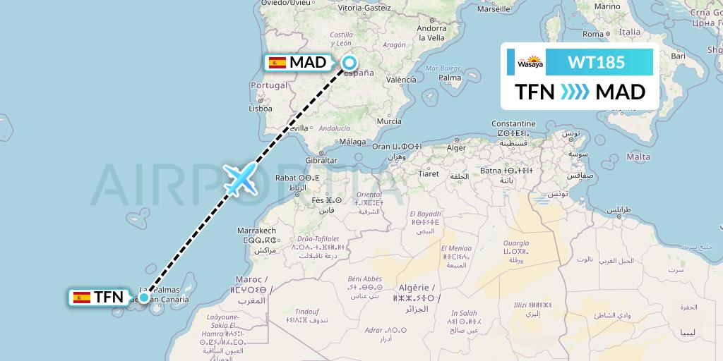 WT185 Swiftair Flight Map: Tenerife to Madrid