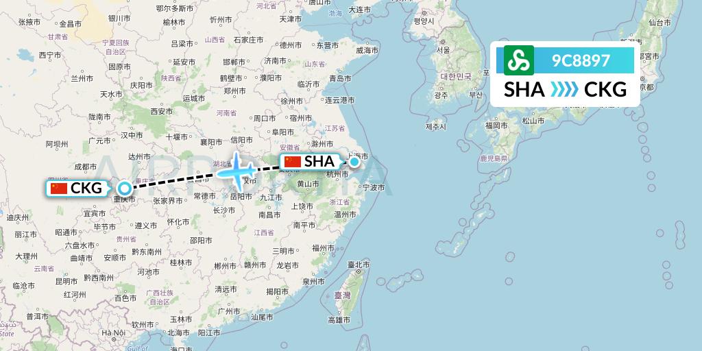 9C8897 Spring Airlines Flight Map: Shanghai to Chongqing