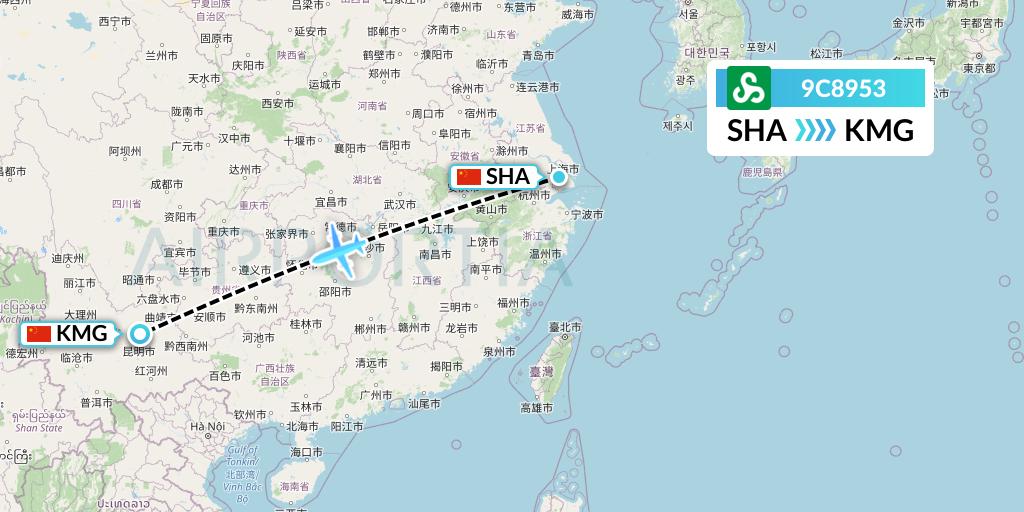 9C8953 Spring Airlines Flight Map: Shanghai to Kunming