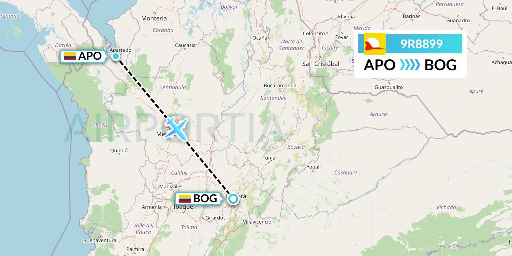 9R8899 Satena Flight Map: Apartado to Bogota